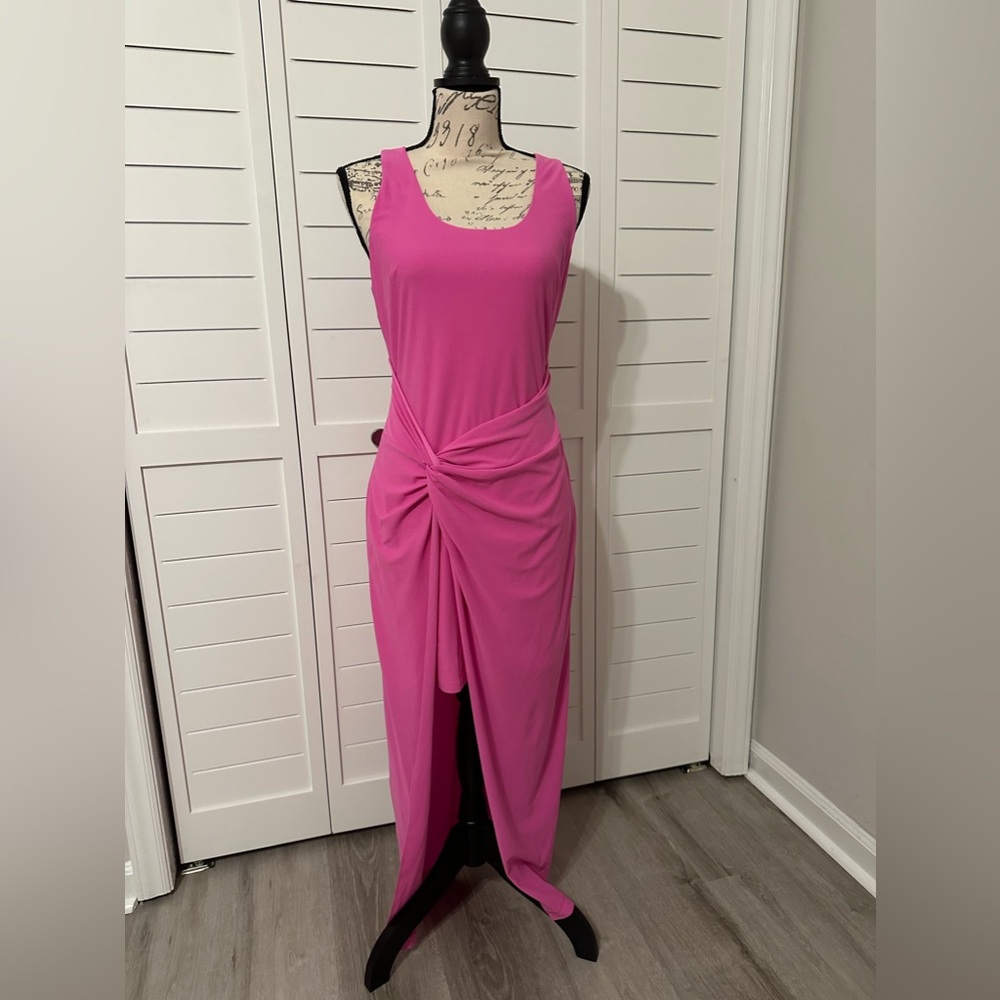 Pink maxi dress with high slit up the front
